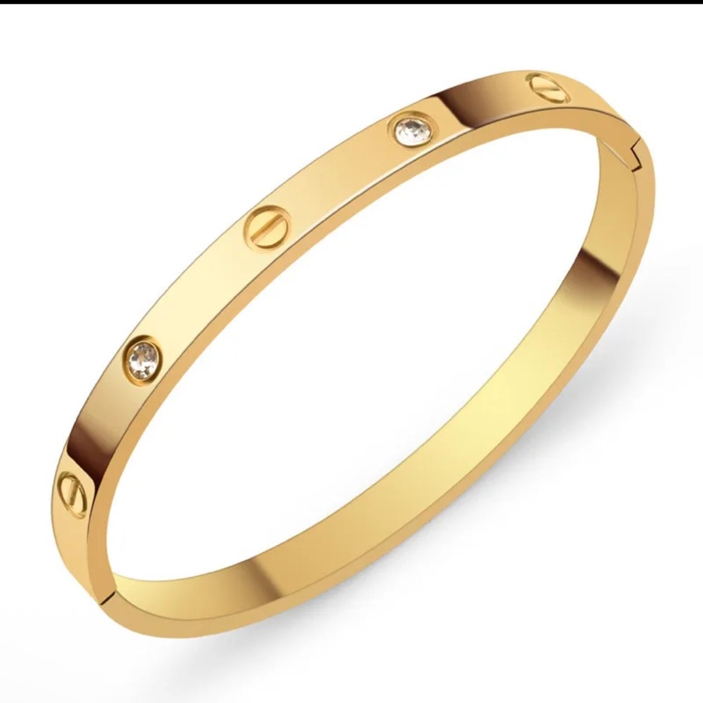 Stainless Steel Gold Bangle Bracelet with Crystal Accents